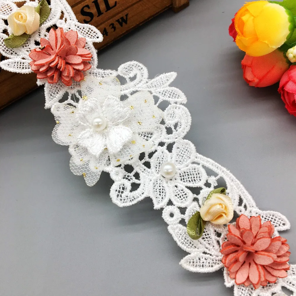 1Yard 3D Colorful Flowers Pearl Lace Trim Embroidered  Ribbon Fabric Handmade Beaded Sewing Craft For Costume Hat Decoration