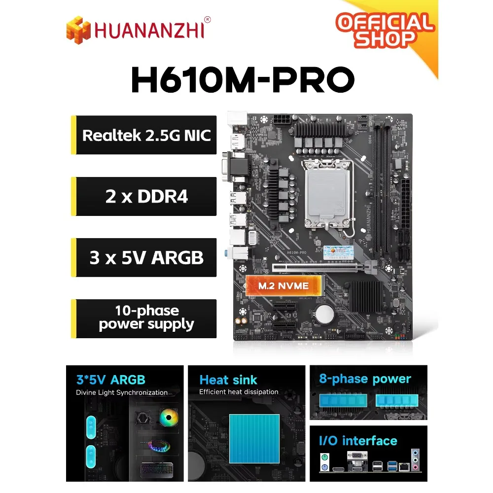HUANANZHI H610M PRO M-ATX DDR4 Motherboard Support 12 13 Gen H610 Intel LGA 1700 CPU 12100F 12400F 12490F 12600F 12700F 13600F