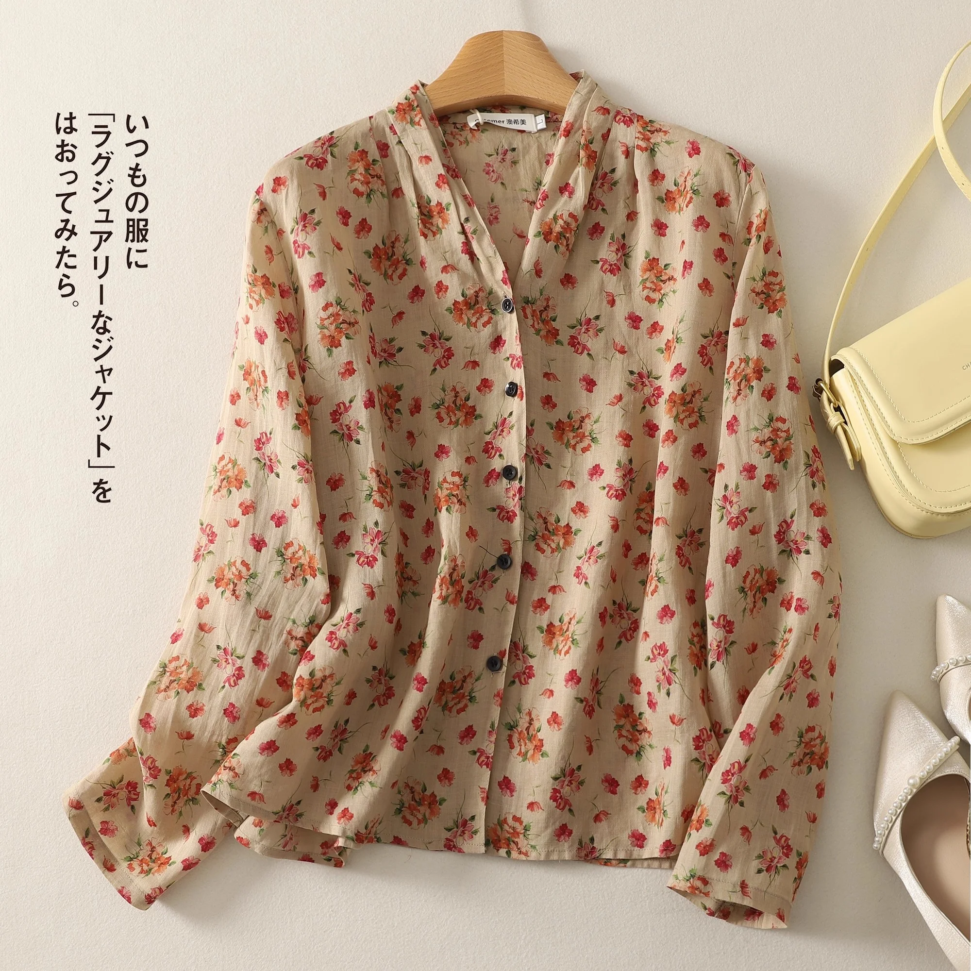 

Large Size Shirt 2025 Spring And Autumn Loose Floral Artistic Cotton Linen Retro Casual Ramie Top For Women w400