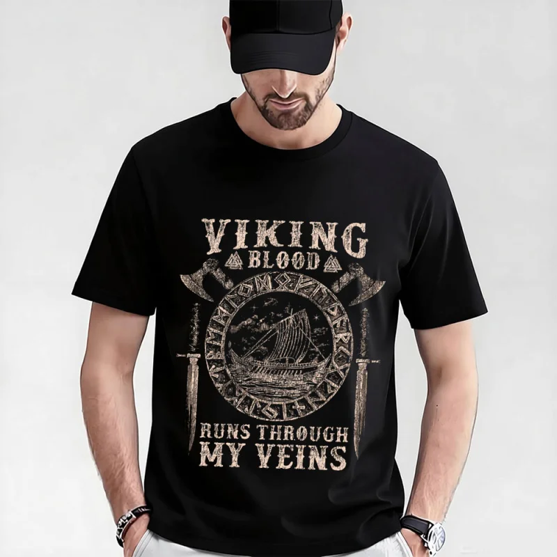 

Viking Blood Runs Through My Veins Viking Ship Graphic clothes 100% cotton printed tee All size tops S-6XL t shirt for men