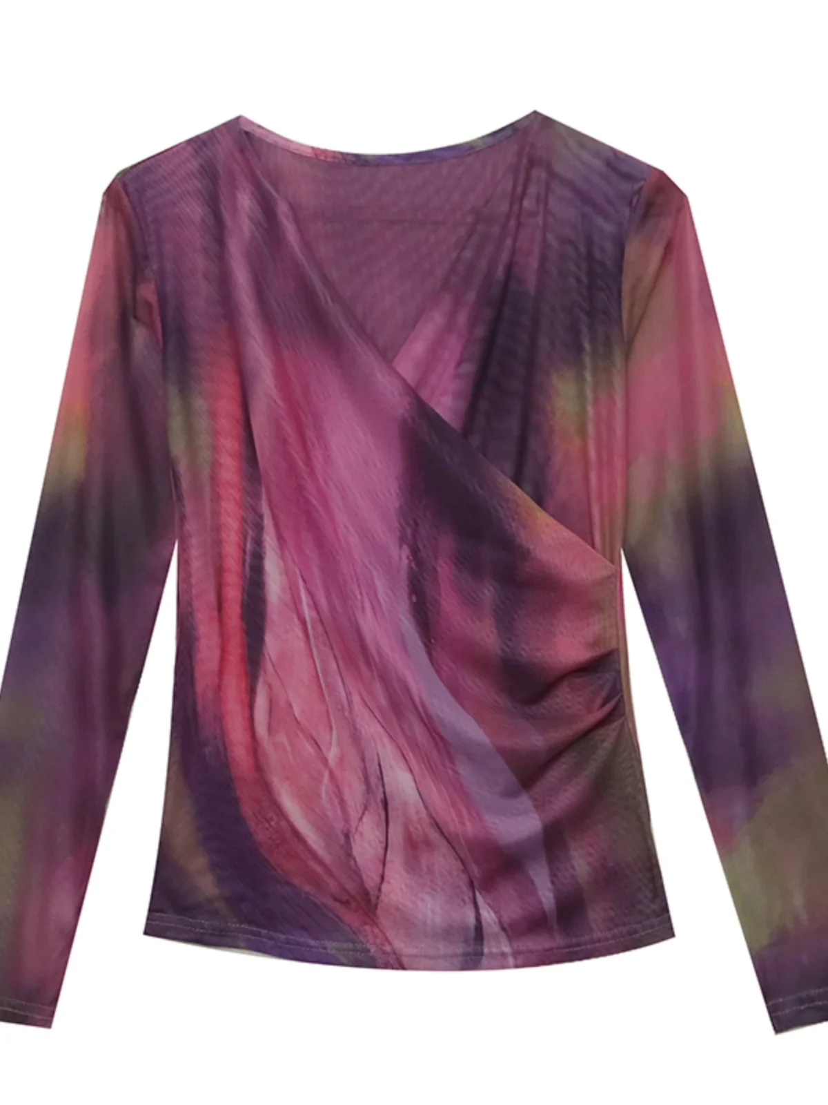 Modna długa koszulka z dekoltem w serek, podkreślająca figurę, damska bluzka wyszczuplająca, streetwearowa koszulka z kreatywnym nadrukiem o geometrycznym wzorze.