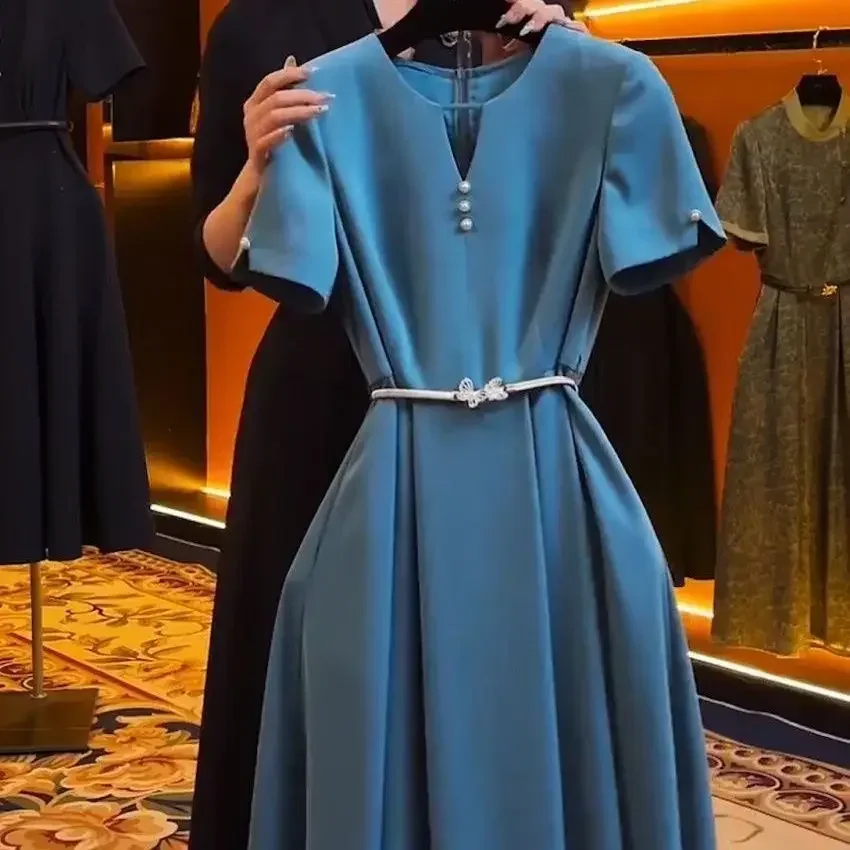 

New fashion temperament celebrity high-end fashion waist national wind dress French blue long dress female spring and autumn