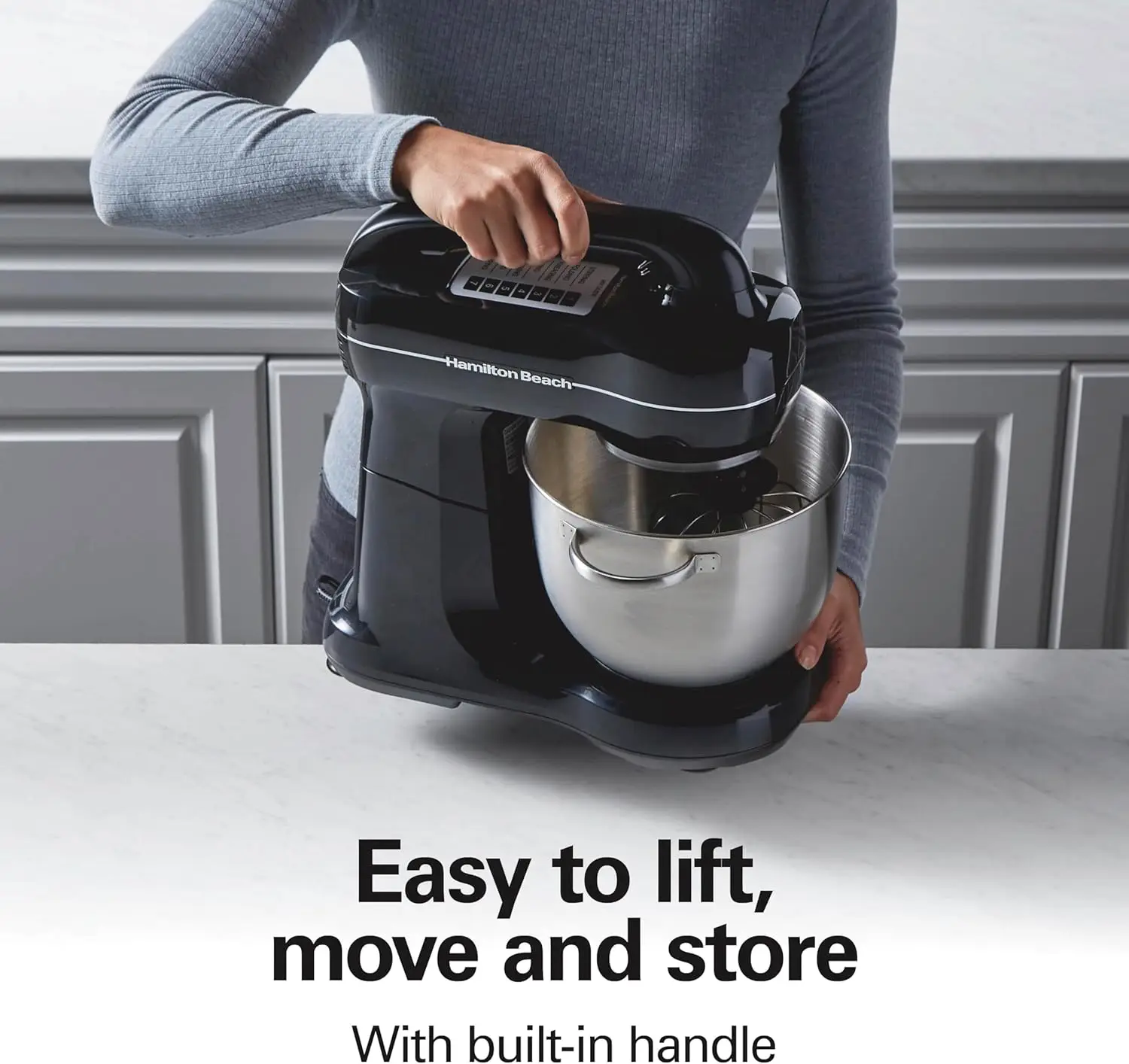 Electric Stand Mixer, 4 Quarts, Dough Hook, Flat Beater Attachments, Splash Guard 7 Speeds with Whisk, Black with Top Handle