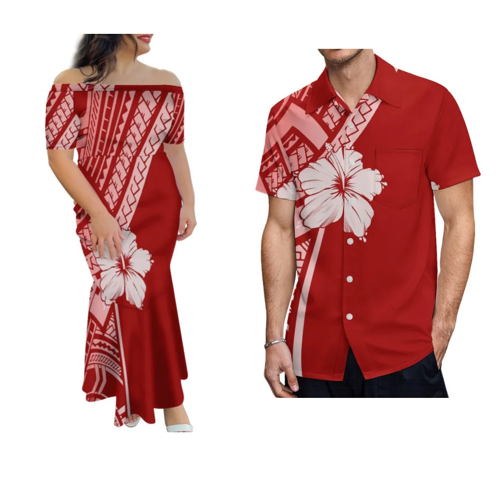 Tribal Print Skirt For Women Men'S Shirt Polynesian Couple Set Samoa Fiji Hawaiian Island Dress Strapless Fishtail Skirt