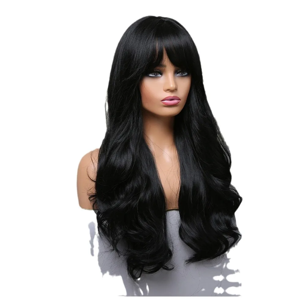 باروكة صناعية سوداء طويلة مموجة لحفلات الهالوين التنكرية للاستخدام اليومي، مجموعة شعر مستعار ملحقات درجة الحرارة العالية
