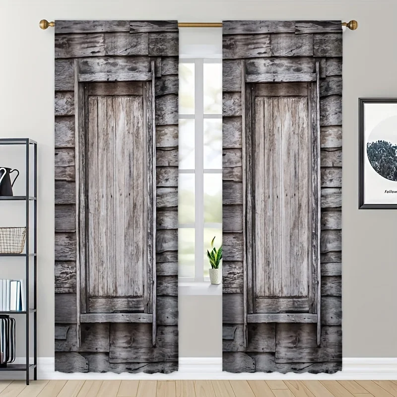 2pcs Vertical Stripe Wood Grain Door Printed Curtain 3D Digital Printing Curtain Household Bedroom Living Room Decor Rod Pocket