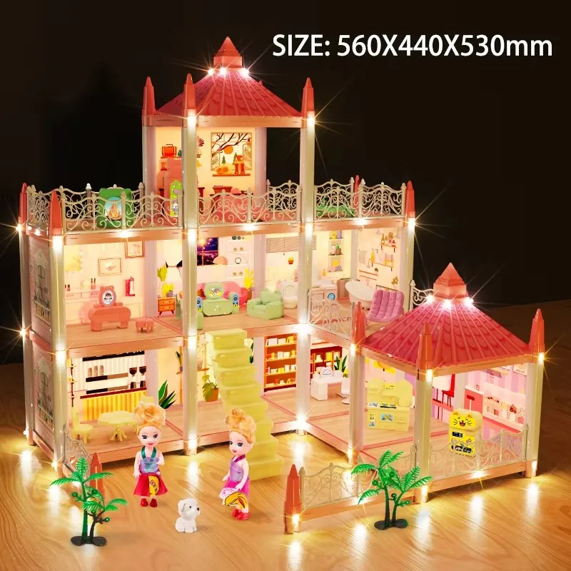 Puppenhäuser 3D montiert Diy Miniaturen Puppenhaus Zubehör Villa Prinzessin Schloss mit LED-Licht Mädchen Geburtstagsgeschenke Spielzeug