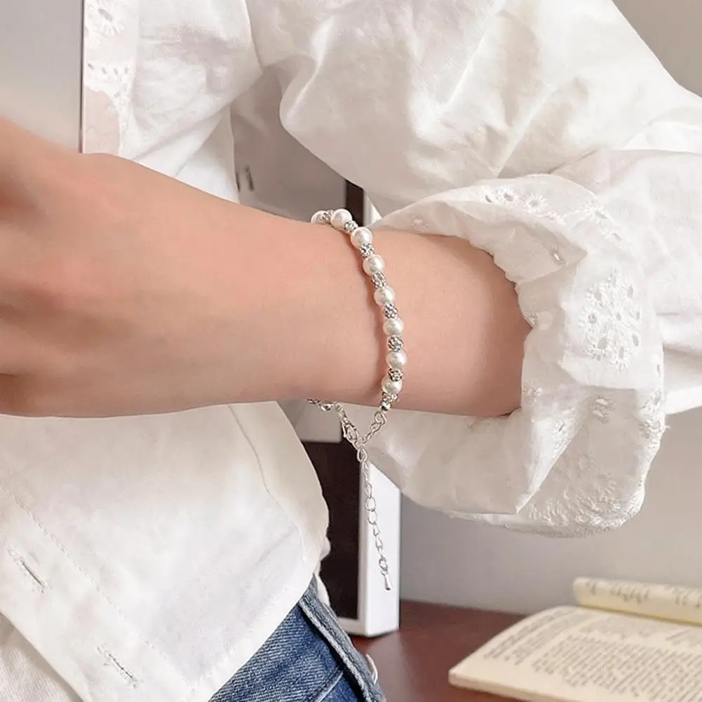 Women Stacking Bracelets Adjustable Faux Pearl Bracelet with Glittering Rhinestone Decor Extended Chain Wrist Jewelry for Party
