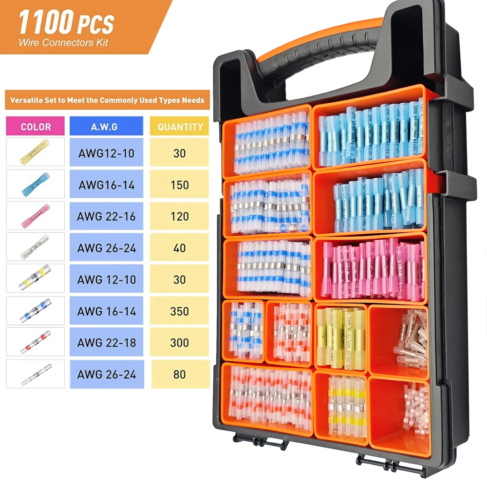 

1100Pcs Solder Seal Wire Connectors Heat Shrink Wire Connectors Waterproof Insulated Electrical Terminals Kit Automotive Marine