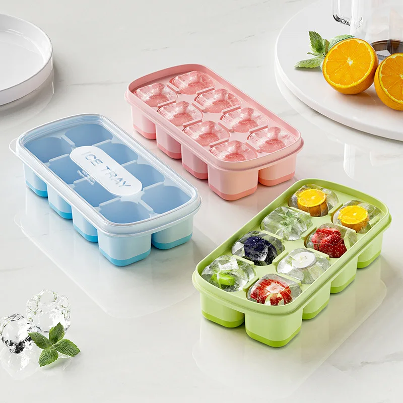 8 Cavity Square Ice Cube Trays Reusable Silicone Ice Cube Mold BPA Free Ice Maker with Removable Lids Kitchen Accessories