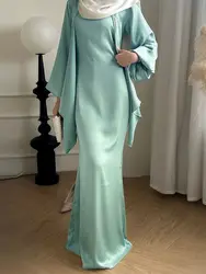 Eid Dubai Satin Plain 2-częściowy zestaw Abaya Modest Muslim Sets Abayas For Women Odzież Caftan Marocain Robe Femme Musulmane Kaftan