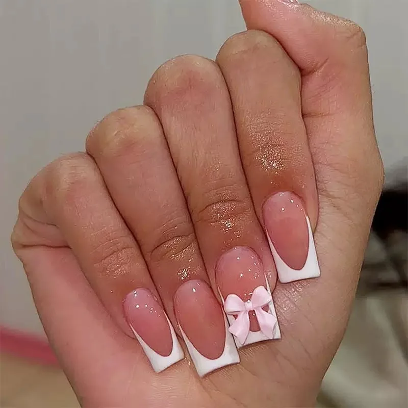 Białe paznokcie w stylu francuskim Delikatny różowy naciśnięcie na paznokcie 3D Bowknot Design Almond Charm Manicure Koreańska moda Fałszywe paznokcie 24 szt. — zdjęcie 7