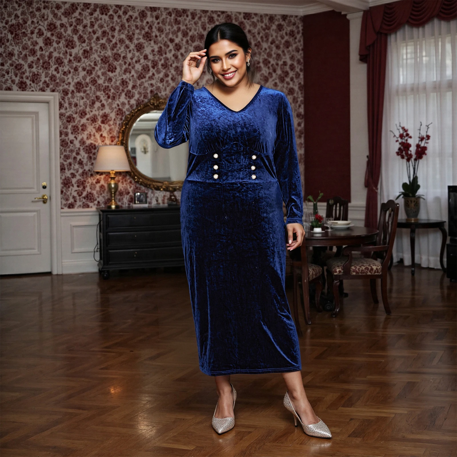 Women s Plus Size Velvet Dress  Elegant V Neck Long Sleeve Long Dress with Decorative Buttons for Daily Party Travel