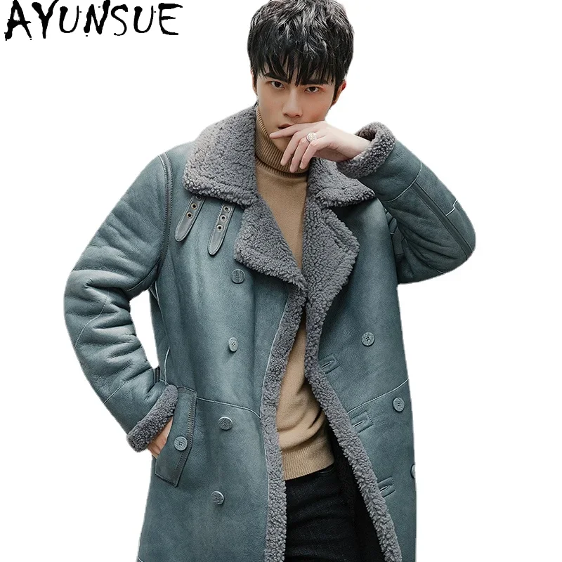 AYUNSUE Natural Fur Coat Men Winter Warm Genuine Leather Jacket Male Long Loose Korean Wool Coats Belted New Veste Homme SQQ774