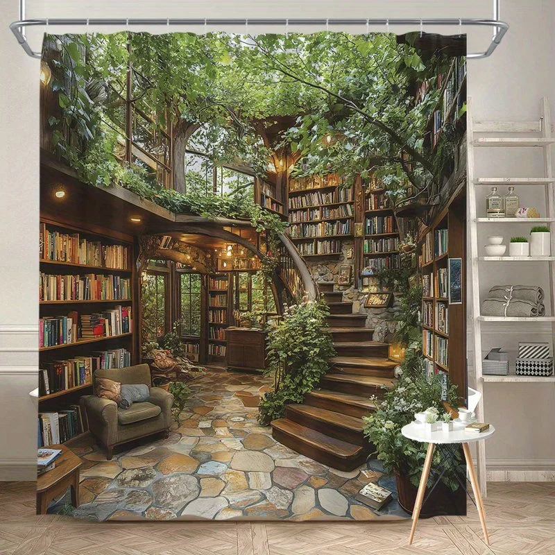 Waterproof Shower Curtain Featuring a Magical Library with Lush Greenery and Bookshelves for an Enchanting Bathroom Decor