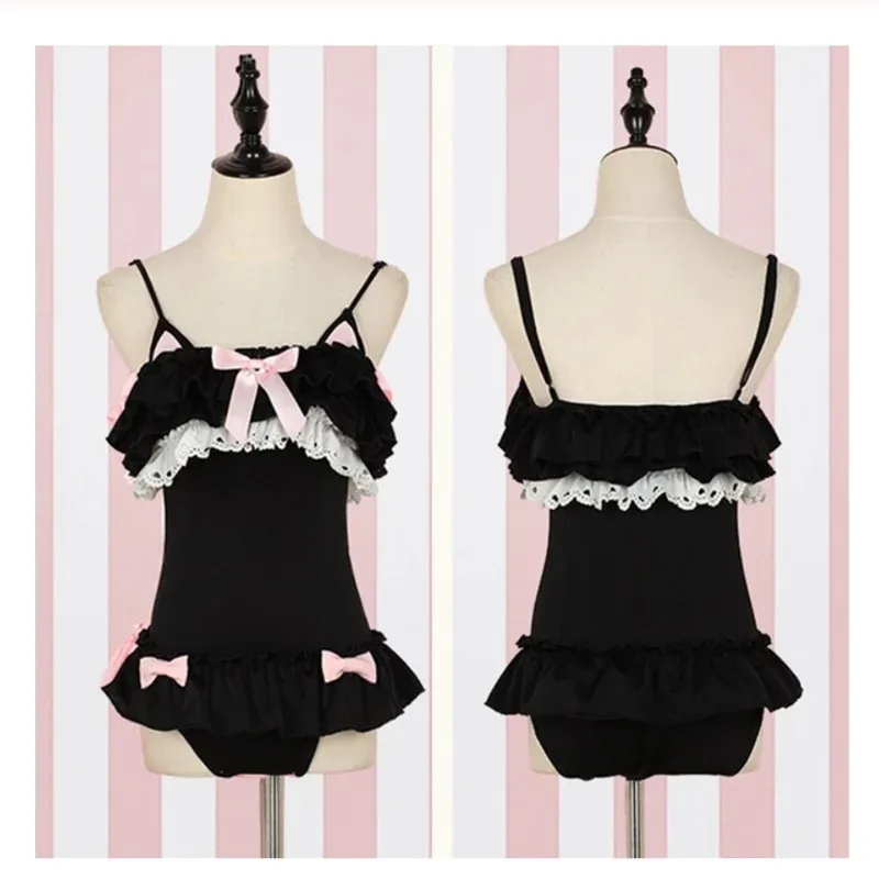 Traje de baño de una pieza para mujer, disfraz de Cosplay de Anime Sexy, traje de baño Kawaii de gato negro y conejo en polvo, Sukumizu japonés Lolita