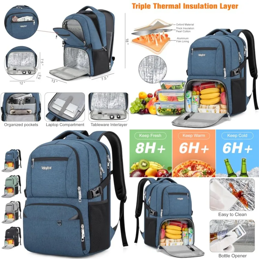 

Insulated Lunch Backpack Fit 17" Laptop, Work Backpack with Lunch Box and USB Charging Port for Men and Women, Water Resistant