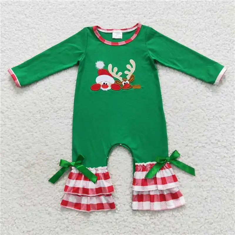 Christmas Match Baby Boys Girls Embroidered Santa Claus Reindeer Plaid Lace Green Set Wholesale Boutique Children Clothing RTS