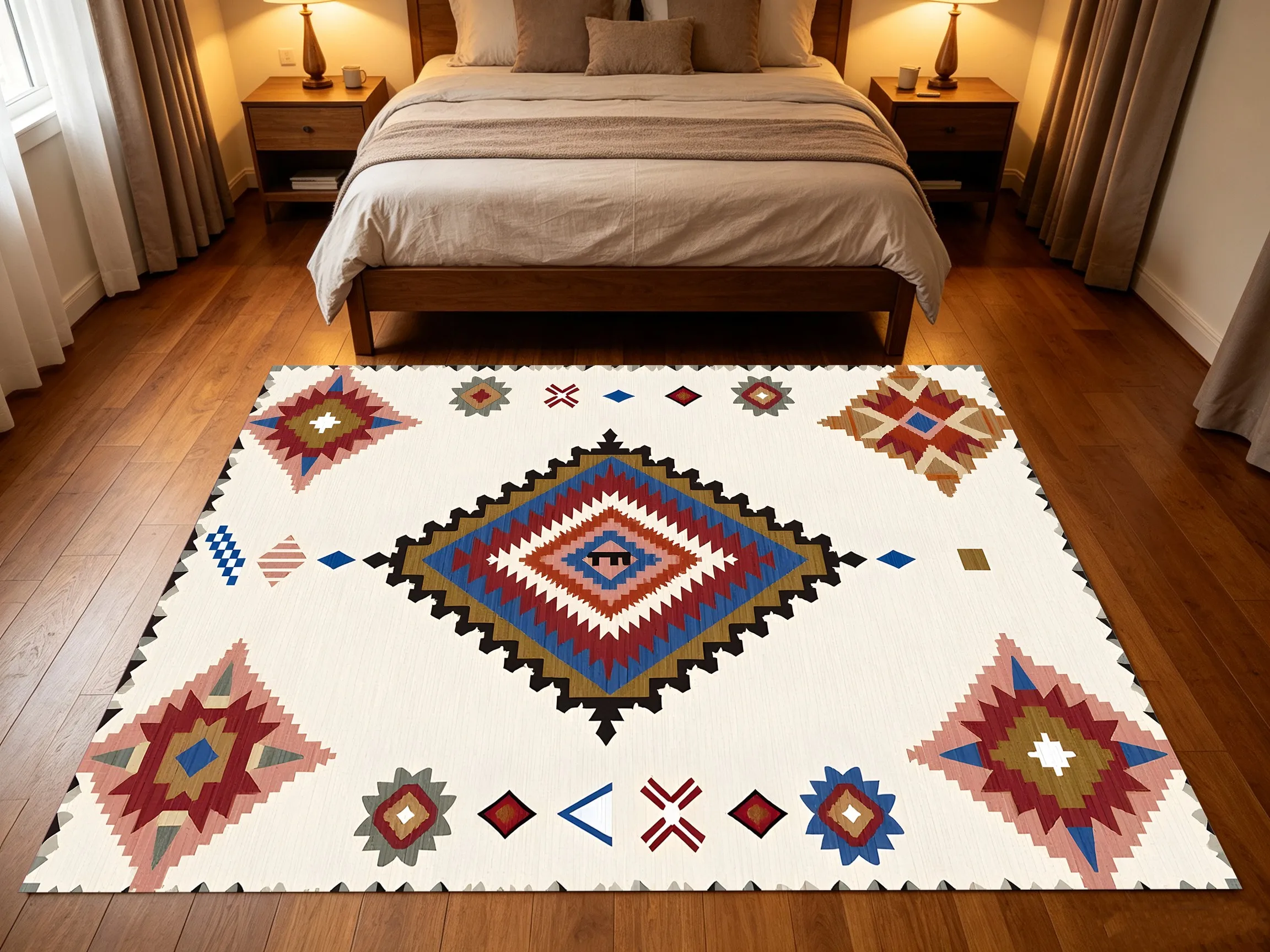 Bohemian Geometric Rhombus Ethnic Velvet Rug for Living Room, Coffee Table & Bedroom, Exotic Retro New Year Gift