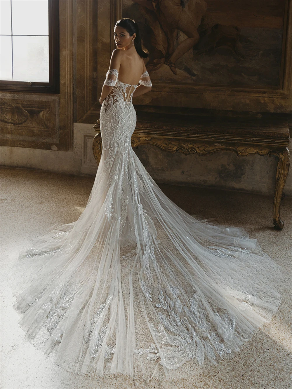 فساتين زفاف غمد البوق للعروس دانتيل زينة ترتر زهري على شكل قلب قبالة الكتف سويب تراين مصنوع حسب الطلب #3