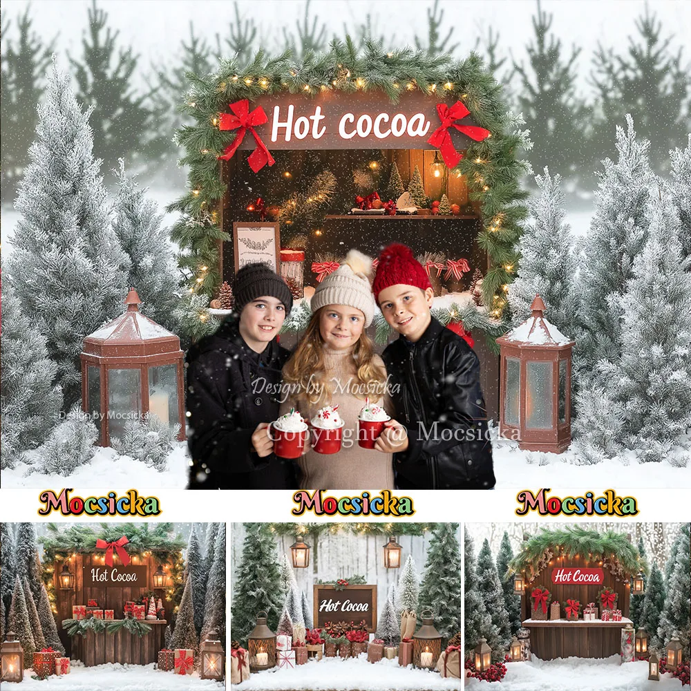 Mocsicka Christmas Hot Cocoa Cart Background Photography Winter Snowy Pine Forest Snowflake Backdrop New Year Kids Outdoor Photo