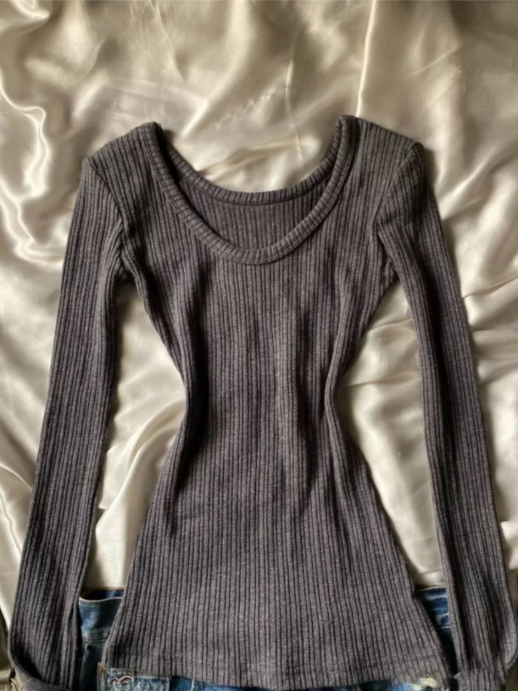 Outono novo fino manga longa com decote em v camisola feminina moda vintage estética magro malhas quente retro quente menina quente pulôver elástico