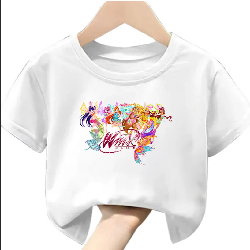 Winx Butterfly Fairy Print Cartoon Girls  Pink T-Shirts Summer Short Sleeve Children Tops Kids Clothe