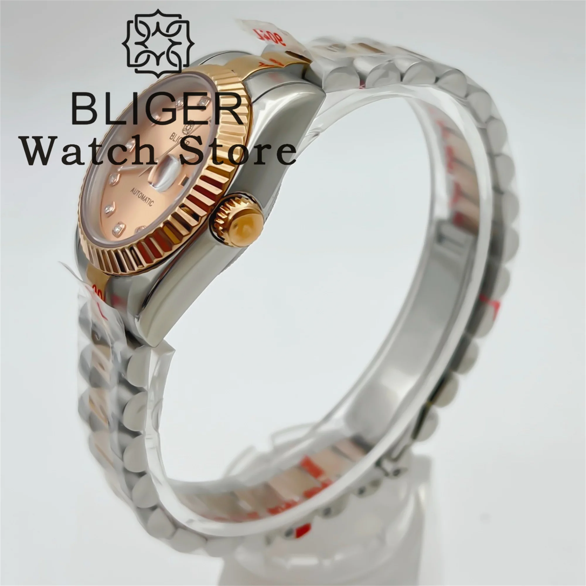 BLIGER 31mm Two Tone Rose Gold Mechanical Lady Watch NH05 Movement Curved Fluted Bezel Rose Gold/Pearl Shell Dial Sapphire Glass