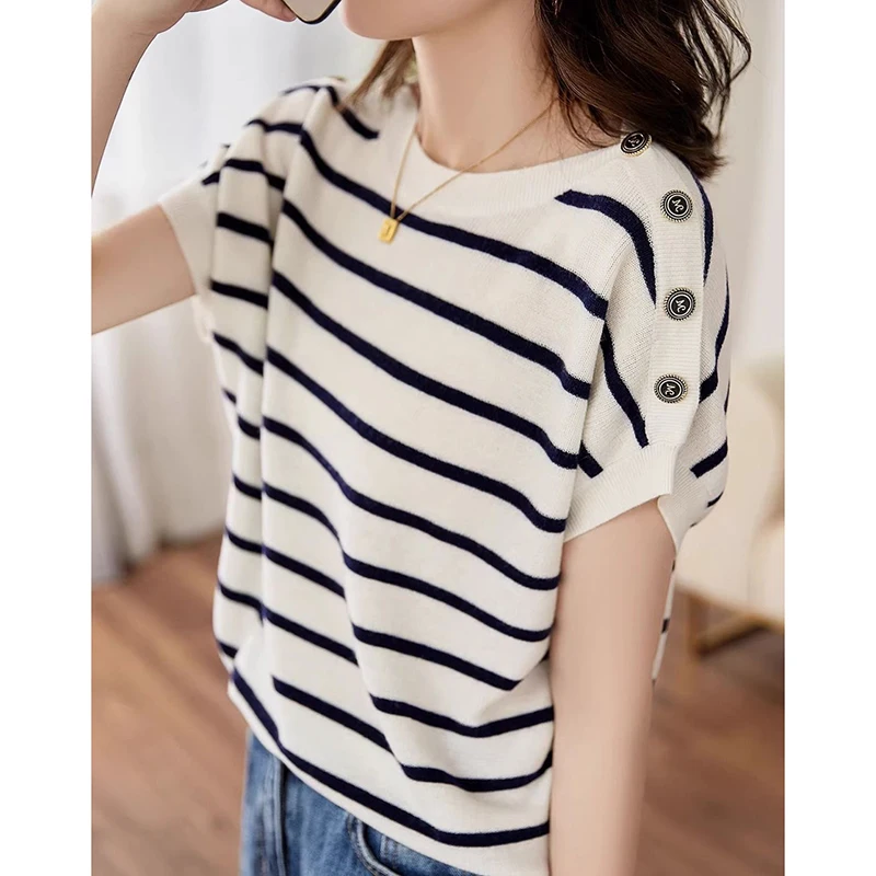 Fashion O-Neck Button Knitted Short Sleeve Striped T-Shirts Women Clothing 2024 Summer New Loose Casual Tops Commuter Tee Shirt