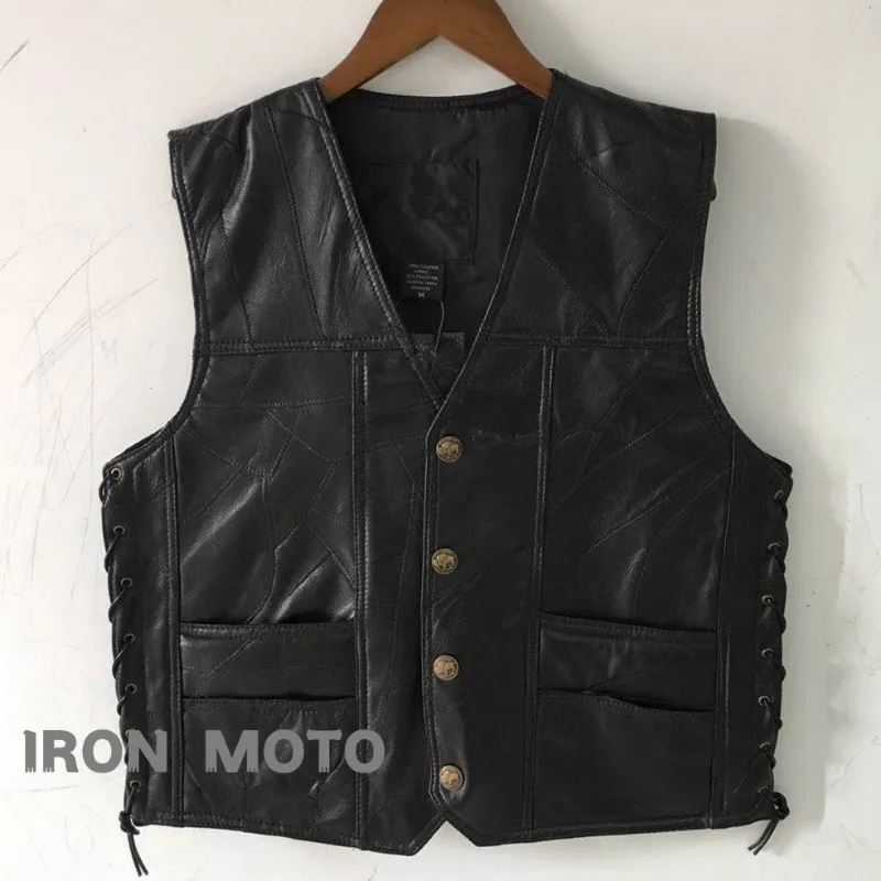 Men Motorcycle Vests Retro Black Cafe Street Leather Vest Chopper V Collar Lace Up Sides Motorcycle Leather Jackets Large Size
