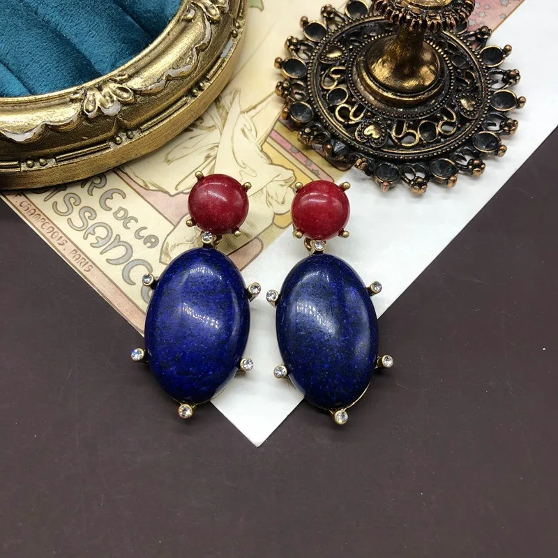 

Western and Ancient Style Heavy Industry Earrings Simple Design Gemstone Lapis Lazuli Inlaid Earrings Temperament Versatile Retr