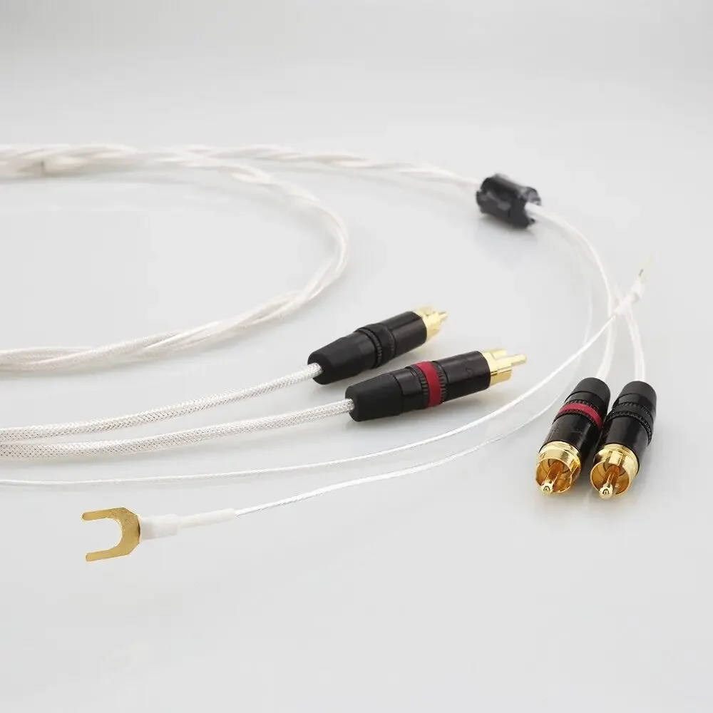 Hifi Verzilverde Tonearm Kabel 2rca Naar 2 Rca U Spade Plug Aarde Draad 24K Verguld Hifi Audio Phono Koord