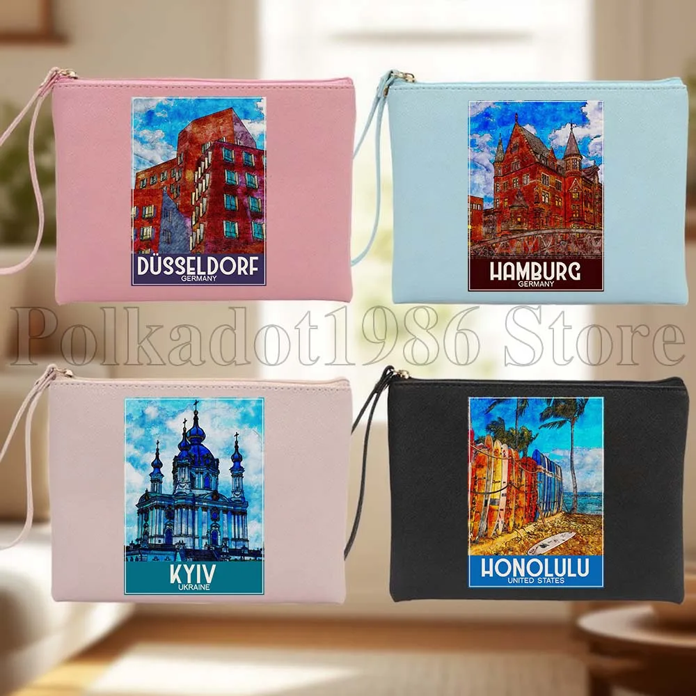 Paris Dusseldorf Hamburgo Hong Kong Honolulu Kyiv Kyoto Bolsa de cosméticos de viagem de couro PU à prova d'água Bolsa de maquiagem feminina Bolsa de higiene pessoal