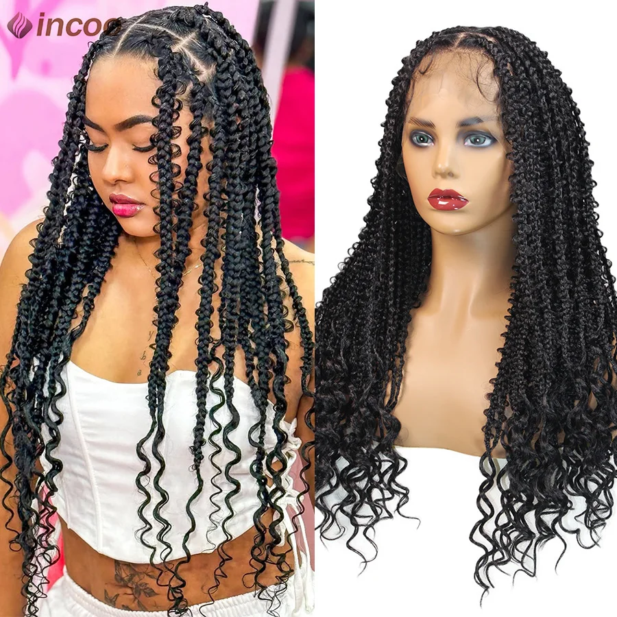 

Synthetic Full Lace Braided Wigs Butterfly Braids For Black Women 24'' Knotless Box Braided Lace Front Wigs With Curly Hair Ends