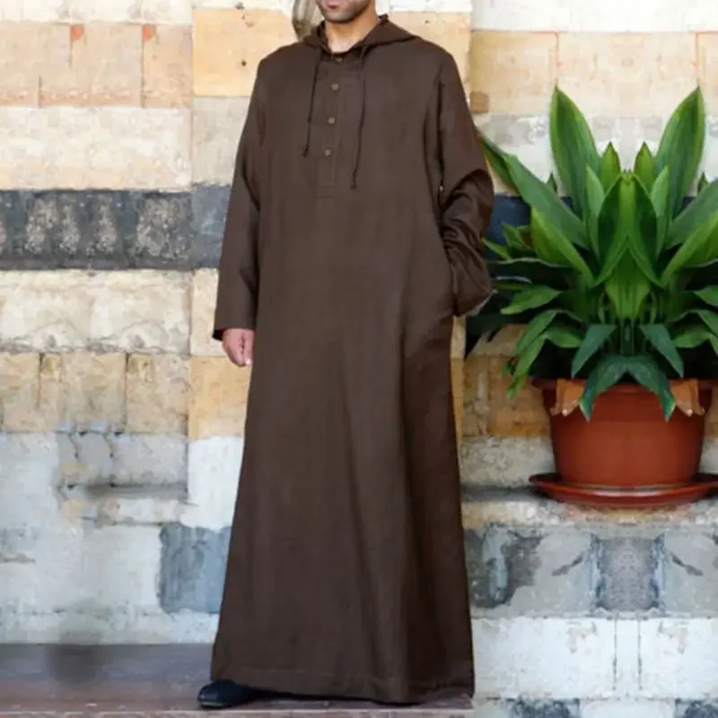 Muzułmanki Jubba Thobe Długi rękaw Oddychające szaty z kapturem Mężczyźni Thobe Robe Loose Dubai Saudi Arab Kaftan Odzież męska