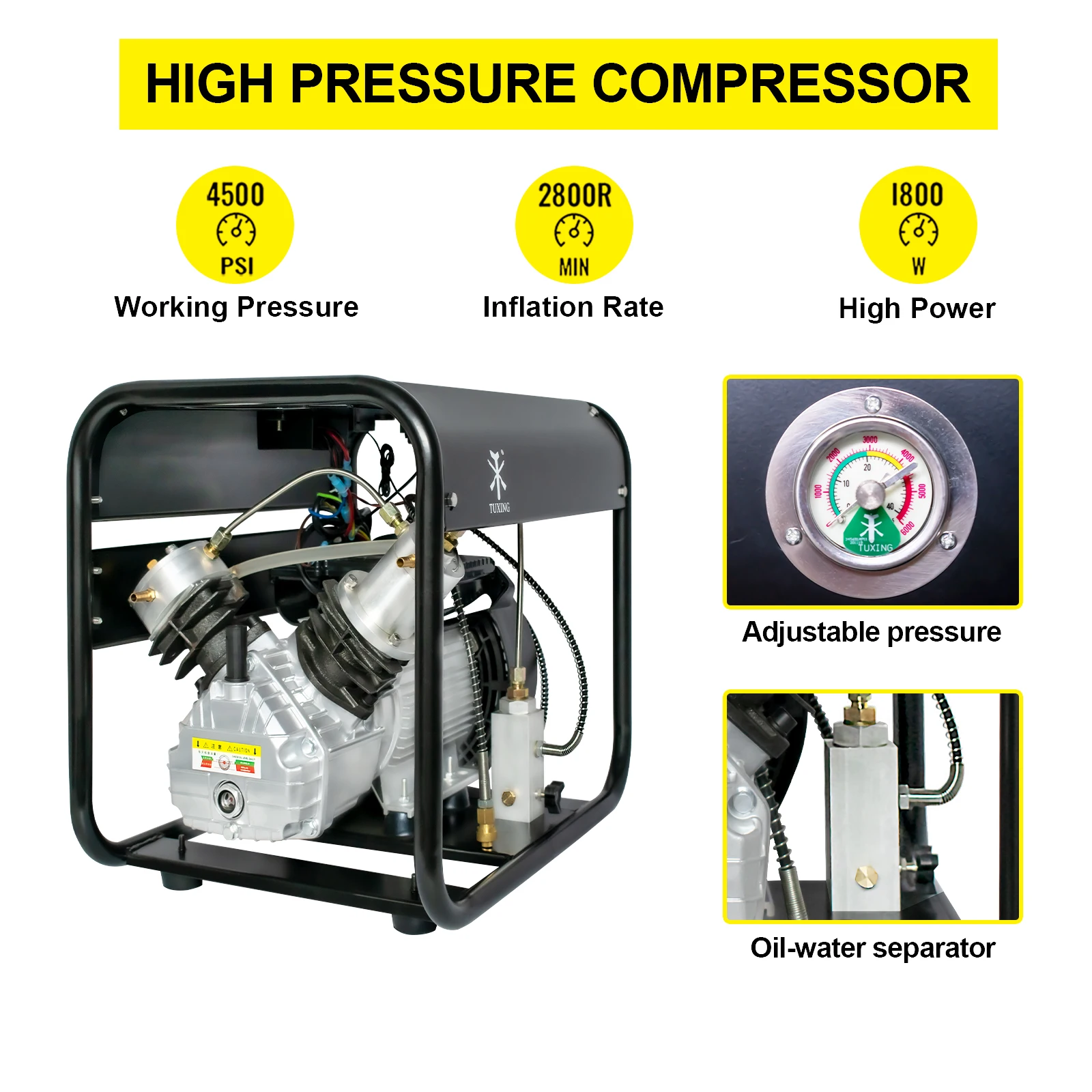 Compresor de aire PCP TUXING TXED012 de 300 bar y 4500 psi de alta presión con presión establecida para llenado de PCP para buceo con rifle de aire