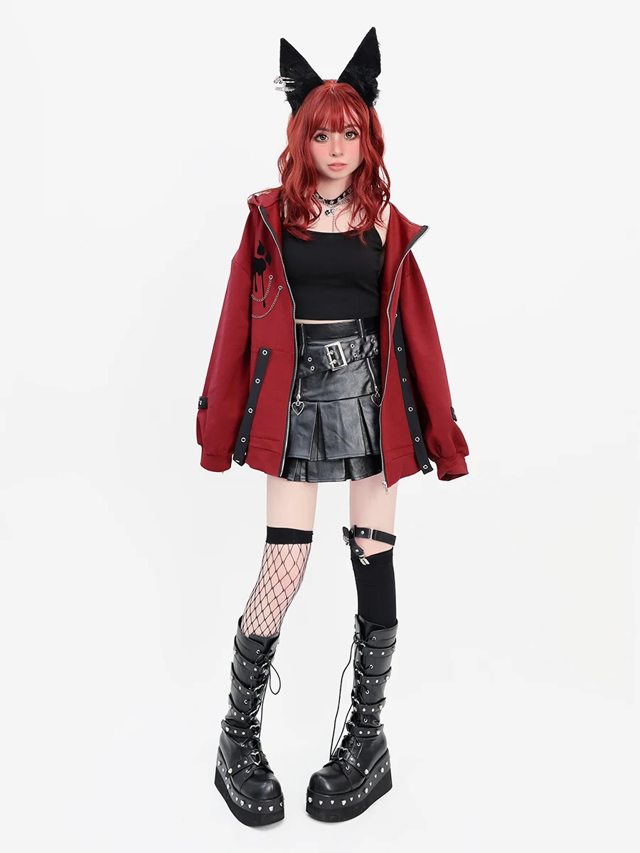 Gothic Clothes Cool Girl Red Cardigan Coat Student Asian Culture Punk Sweet Y2K Loose Hooded Sweatshirt Female Harajuku Clothing