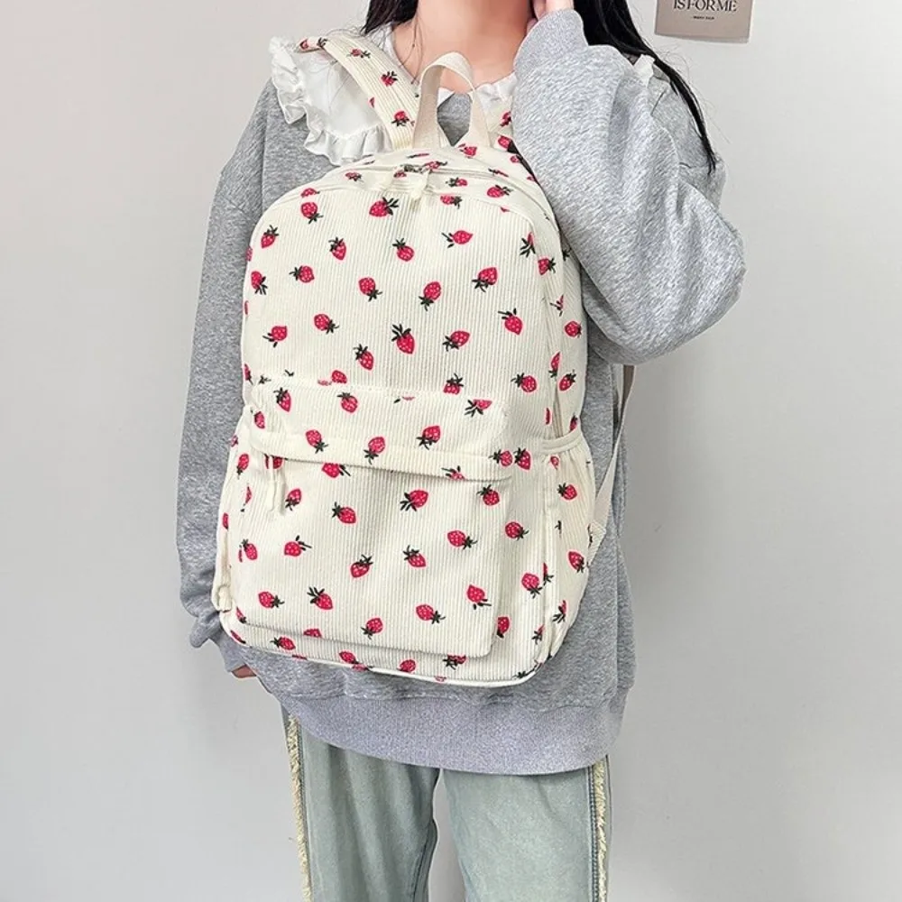 Strawberry Corduroy Backpack Lightweight Large Capacity Students School Bag Solid Color Japanese Style Students Daypack Daily
