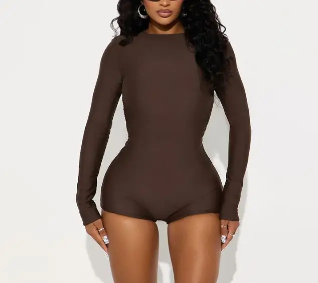 

Autumn New Solid Color Tight Fitting Women's Jumpsuit Round Neck Pleated Design Zipper Long Sleeved Short Tight Fitting Jumpsuit