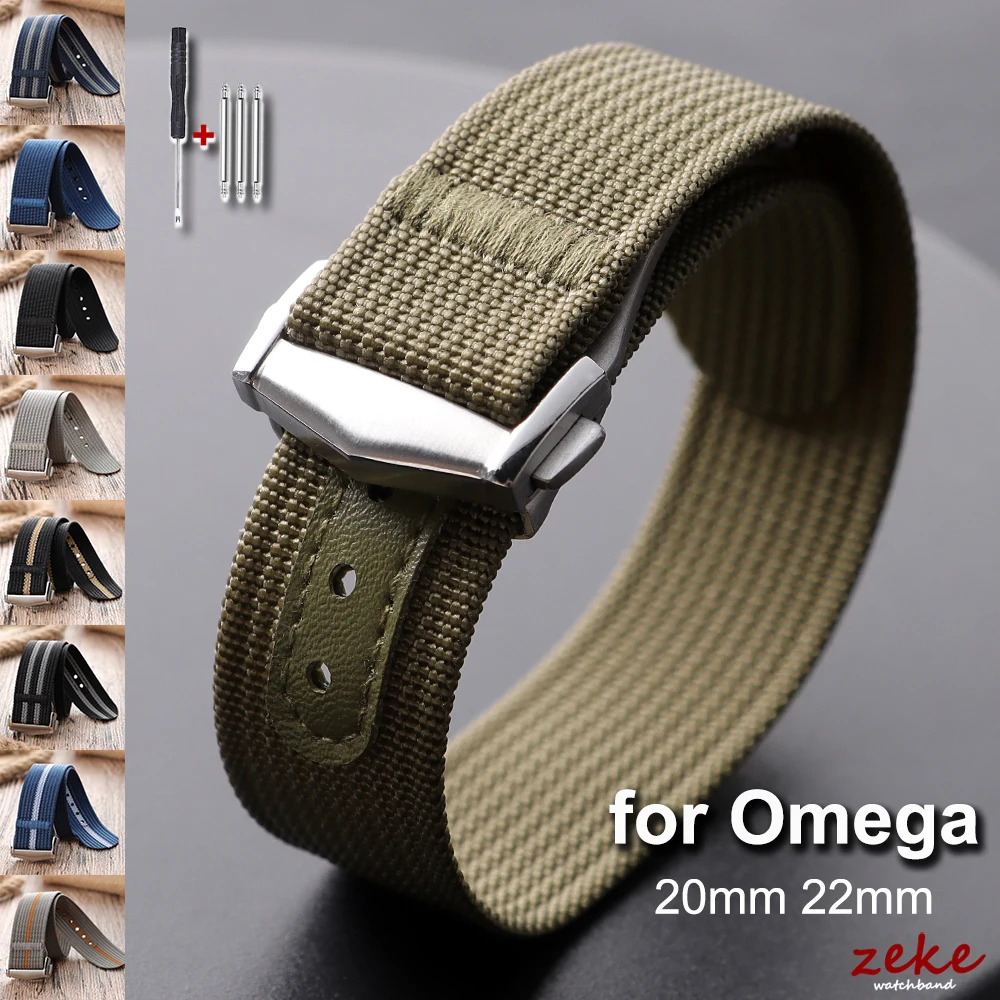 Ribbed Nylon WatchBand Canvas Nylon Strap 20mm 22mm for Omega for Swatch MoonSwatch Men Sport Waterproof Folding Buckle Bracelet
