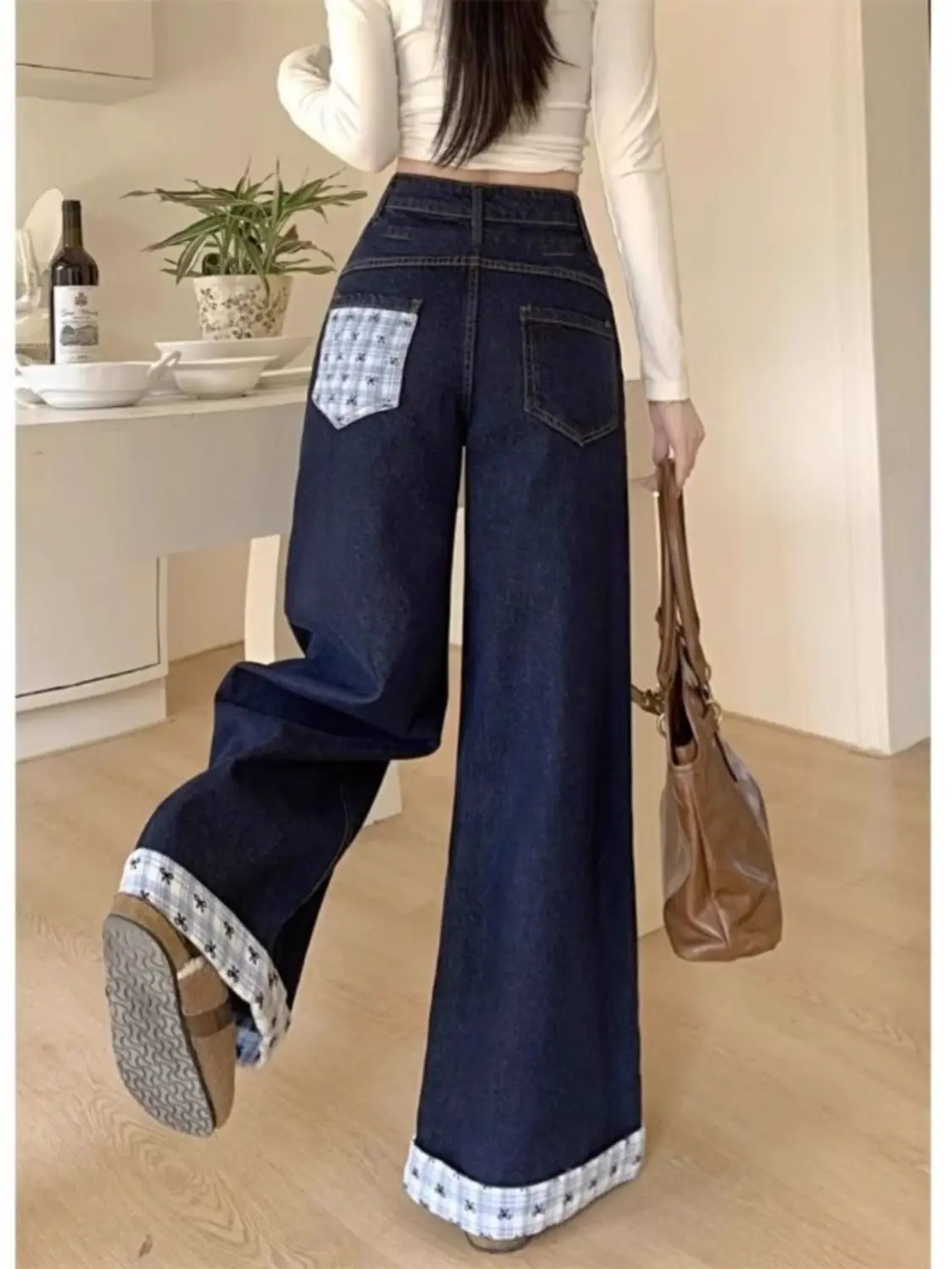 

Синие джинсы в клетку больших размеров, женские летние свободные прямые брюки для похудения с манжетами, повседневные широкие джинсы с высокой талией