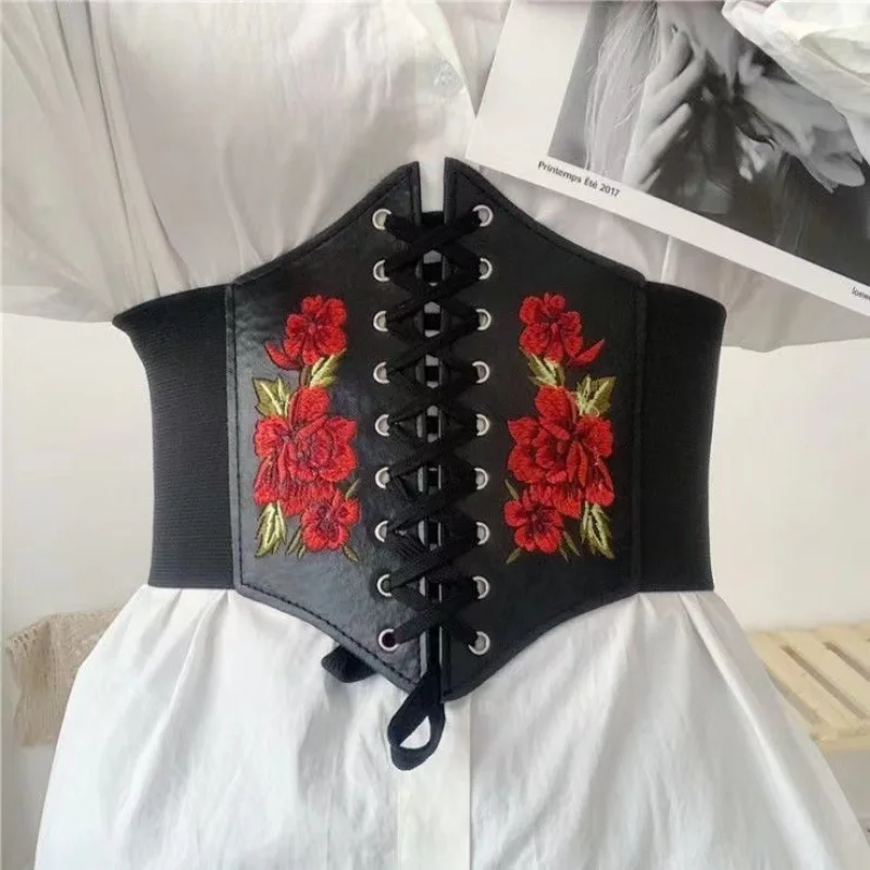 Women\'s Corset Belt Gothic Fashion PU Flower Embroidery Cummerbunds Female Slimming Waist Band Vintage Black Wide Belt for Girl