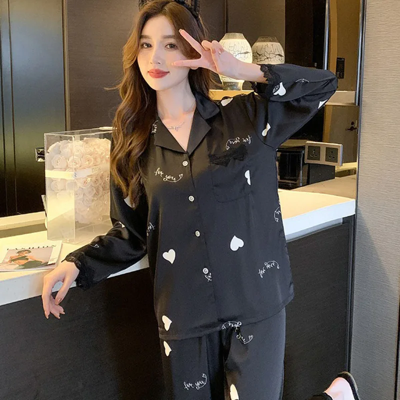 Ice Silk Pajamas Autumn and Winter Long-Sleeved Trousers Two-Piece Set of Ladies Love Lace Students Homewear Cardigan Lapel Girl