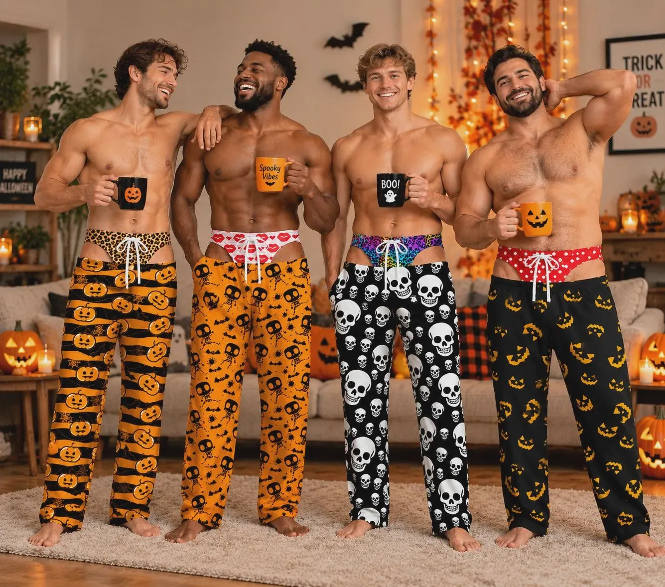 Men Loose Long Pants Halloween Skull Pumpkin Print Drawstring Elastic Waist Casual Funny Party Pajama Trousers Men's Clothing