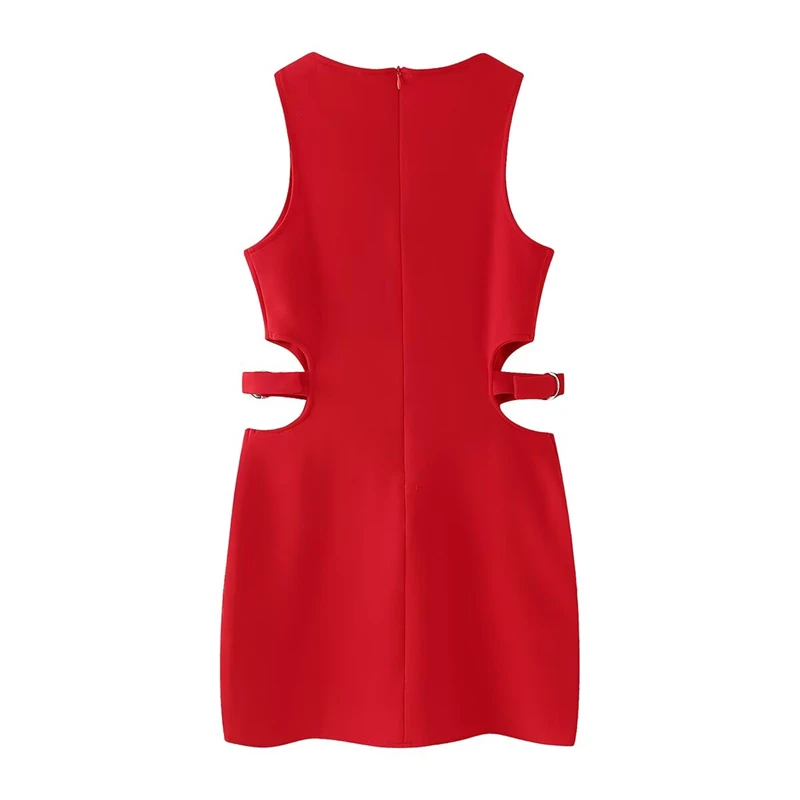 Keyanketian verão novo feminino halter-cintura oco para fora vestido moda sexy voltar zíper o pescoço magro sem mangas mini vestido vermelho fino