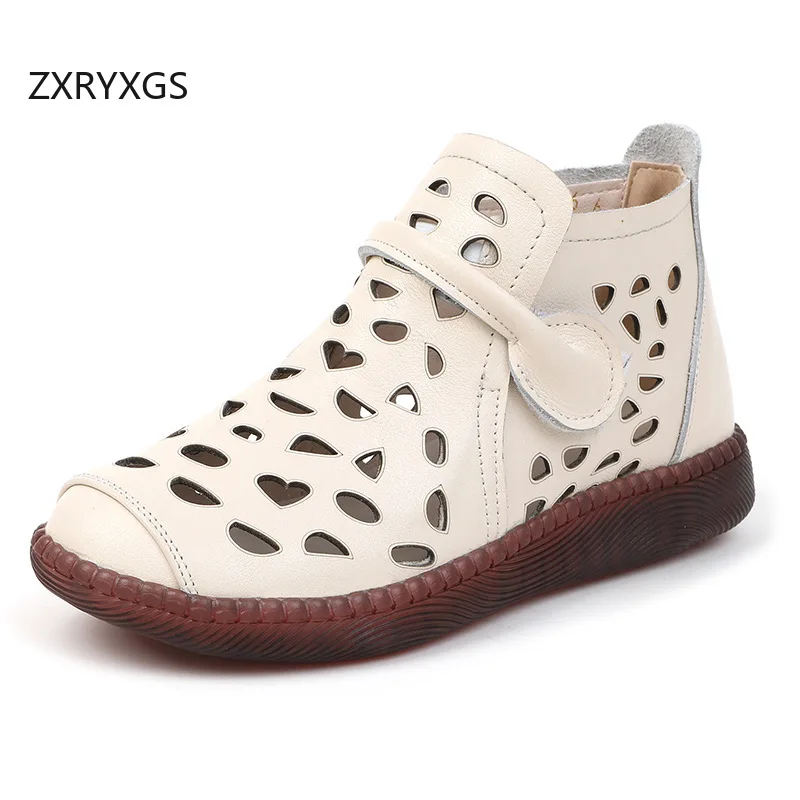 

ZXRYXGS 2026 Женские летние сандалии-ботинки из натуральной кожи с круглым носком, перфорацией, на плоской подошве, удобные, дышащие, большие размеры