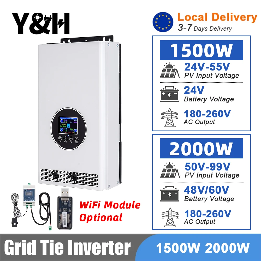Y&H 2000W 1500W Netzgekoppelter Wechselrichter DC55-99V/24-55V zu AC230V Reine Sinuswelle für Batterieentladungsmodus/Solarmodule (Optionales Wi-Fi-Modul)