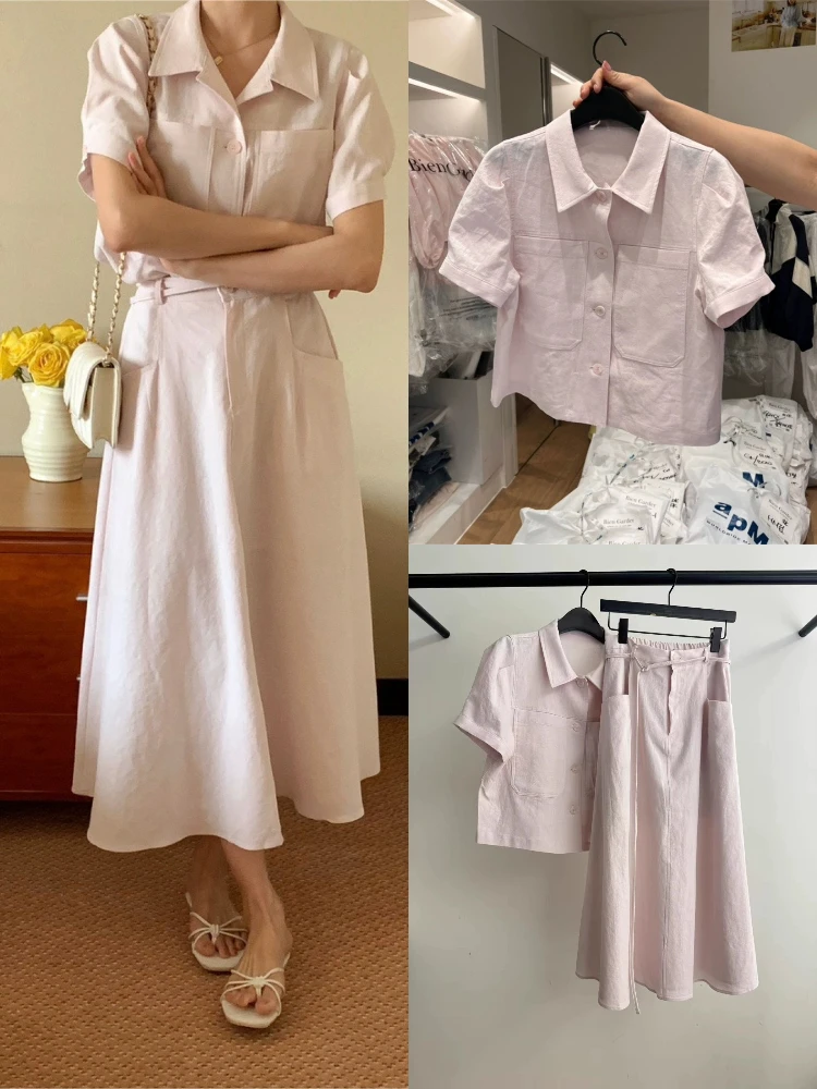 

Женский летний модный комплект из двух предметов: юбка А-силуэта с высокой талией и топ с коротким рукавом, в стиле Донгдамун