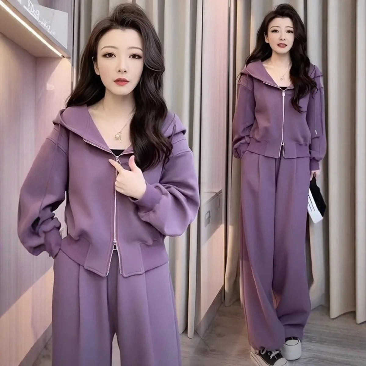 

2025 Autumn Plus Size Women's 2 Piece Set Fashionable Stylish Hooded Tummy Hiding Slim Fit Sports Outfit