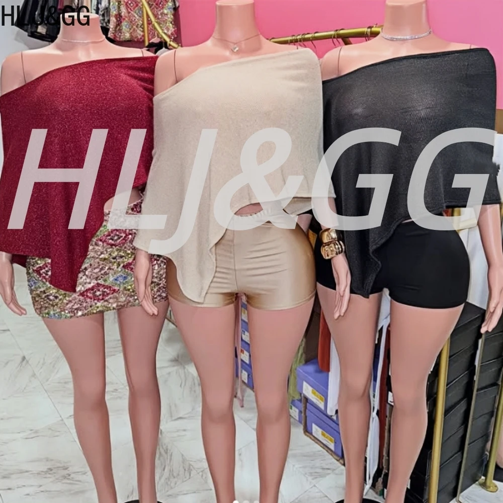 HLJ&GG Y2K Fashion See Though Irregular Shawl Two Piece Sets Women Off Shoulder Short Sleeve Crop Top+Shorts Outfits Streetwear